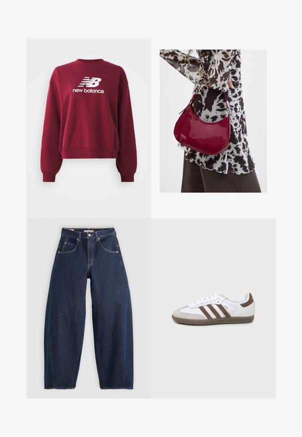 Burgundská mikina s ribovým výstrihom, spadnutými ramenami a dlhými rukávmi. Na prednej strane sa nachádza biele logo "New Balance".; Tmavomodré džíny z denimu s voľným strihom, svetlým šitím, piatimi vreckami a zapínaním na gombík v páse.; Bielo-hnedá teniska Adidas Samba s tromi hnedými pruhmi, šnúrkami a textúrovanou podrážkou, zobrazená z boku na jednoliatom pozadí.; Žena v čierno-bielom vzorovanom blúzke drží lesklú červenú kabelku cez rameno na jednofarebnom pozadí.