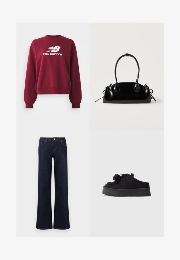 Burgundská mikina s ribovým výstrihom, spadnutými ramenami a dlhými rukávmi. Na prednej strane sa nachádza biele logo "New Balance".; Tmavomodré džínsy s širokými nohavicami, prednými vreckami, zapínaním na gombík a zips a viditeľným kontrastným šitím.; Čierne zamšové nazúvacie topánky s hrubou gumovou podrážkou, zaoblenou špičkou, dekoračnými pom-pommi a šitými detailmi.; Malá čierna lesklá kabelka s dvoma dlhými rúčkami a bočnými šnúrkovými detailmi na jednoduchom svetlom pozadí.