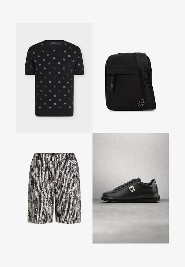 T-shirt en maille noir à manches courtes avec petits motifs répétés gris du logo "KL" et col, poignets et ourlet côtelés.; Shorts noirs et blancs présentant un motif de texte répété. Confectionnés dans un tissu à la texture lisse. Taille standard avec fermeture bouton.; Personne portant un pantalon en cuir noir et des baskets noires avec un petit accessoire personnage de dessin animé sur le côté, debout sur un sol en bois.; Sac bandoulière noir avec poche zippée sur le devant, large sangle embossée "KARL LAGERFELD" et détail logo en métal dans le coin inférieur.
