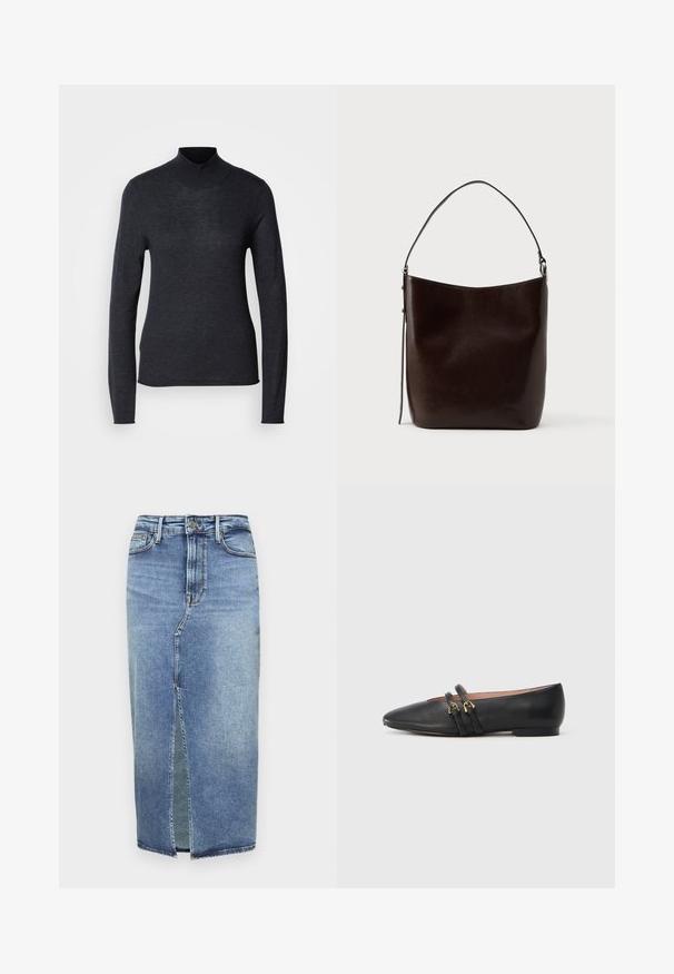 Zwarte lange mouwen coltrui van een zachte, lichte breiwerkstof. Heeft een getailleerde vorm en een geribbelde kraag voor een gestroomlijnde uitstraling.; Good American SLIT FRONT MIDI - Jeansrok - light blue denim; Zwarte leren platte schoenen met een spitse neus, voorzien van twee zwarte banden met gouden accenten. Soepele textuur en lage hak.; Bruine leren schoudertas met een gladde textuur, zachte ronde vorm en een lange schouderband. Heeft een minimalistisch ontwerp en zilverkleurige hardware.