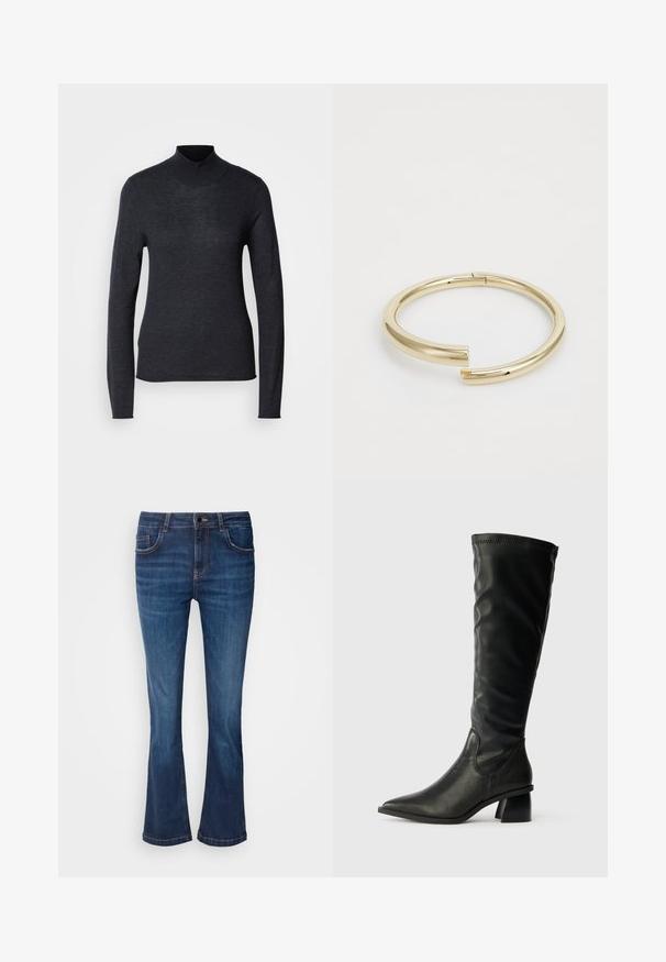 Zwarte lange mouwen coltrui van een zachte, lichte breiwerkstof. Heeft een getailleerde vorm en een geribbelde kraag voor een gestroomlijnde uitstraling.; Mos Mosh ASHLEY IMERA - Straight leg jeans - dark blue; Zwarte leren kniehoge laars met een puntige neus, gestructureerde bovenkant en een dikke blokhak. Heeft elastische zijkanten voor eenvoudig aan- en uittrekken.; Calvin Klein SPIRAL - Armband - gold-coloured
