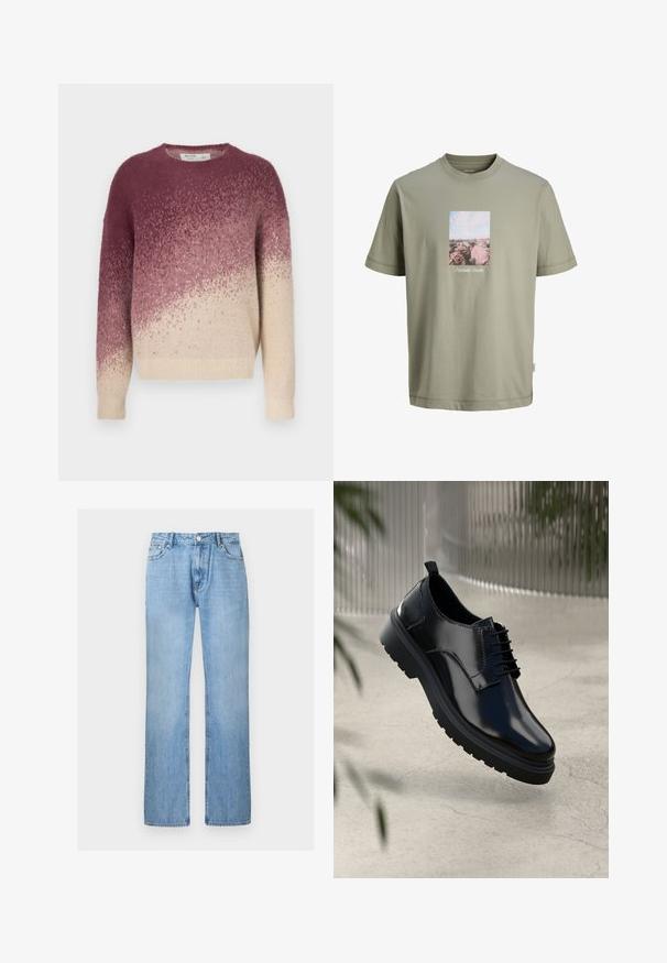 Strikket sweater med rund hals, der viser en gradient fra mørk lilla til cremet beige. Blød tekstur med et subtilt mønster gennem hele.; Lyse olivengrøn kortærmet T-shirt med et rektangulært tryk af lyserøde klipper og himmel centreret på brystet, med lille hvid tekst under trykket.; Lyseblå denimjeans med lige ben, foran med knap og lommer, vist mod en ensfarvet hvid baggrund.; Sorte lædersko med en blank overflade, rund tå, snøredesign, kontrastsyninger og en tyk gummisål med mønster.