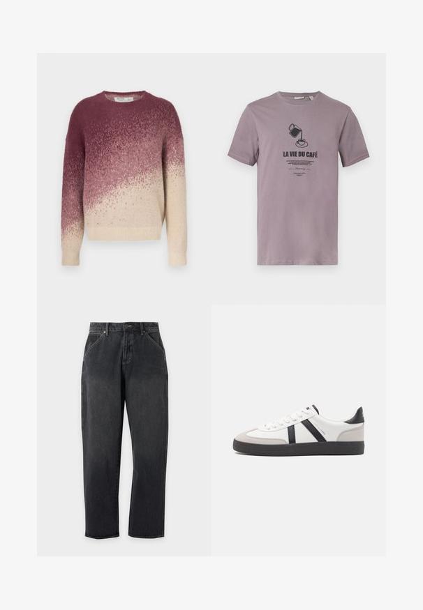 Pull en tricot à col rond, présentant un dégradé du violet foncé au beige crème. Texture douce avec un motif subtil sur l'ensemble.; T-shirt gris à manches courtes avec un graphisme de cafetière versant dans une tasse et le texte « LA VIE DU CAFÉ » sur le devant.; Jean denim noir droit avec poches avant, passants de ceinture, bouton et fermeture éclair, présenté sur un fond uni gris clair.; Baskets blanches avec des accents noirs et gris, présentant un embout texturé gris, une semelle en caoutchouc noir et des lacets plats blancs. Design épuré, style minimaliste.