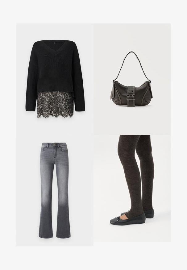 Pull en tricot noir avec un décolleté en V, featuring des manches longues et un ourlet en dentelle festonnée. Le tissu texturé contraste avec la dentelle lisse en dessous.; Jean flare taille haute en denim gris foncé, avec poches frontales, fermeture à bouton et légère décoloration vers l'ourlet.; Jambes portant des leggings côtelés foncés associés à des ballerines noires avec de petits détails en nœud sur fond blanc.; Sac à épaule en cuir noir avec une sangle à boucle, des bords arrondis et des coutures blanches contrastées sur un fond uni.