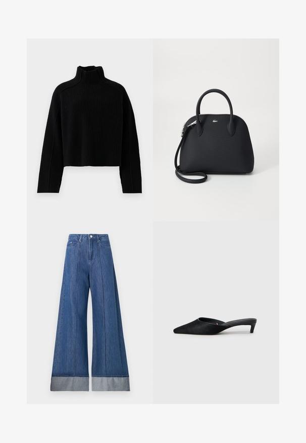 Suéter negro de punto acanalado con cuello alto y diseño corto, que presenta mangas largas y un acabado texturizado.; Jeans de pierna ancha en denim azul medio, con una cintura alta, dos bolsillos frontales y un dobladillo de mezclilla más clara en el bajo.; Mules de ante negro con puntera afilada y tacón bajo. Presentan una textura suave y una parte trasera abierta para facilitar su uso. Diseño sencillo sin patrones.; Bolso de mano negro hecho de un material texturizado, con dos asas superiores y una correa de hombro desmontable, con un acento de logo plateado.