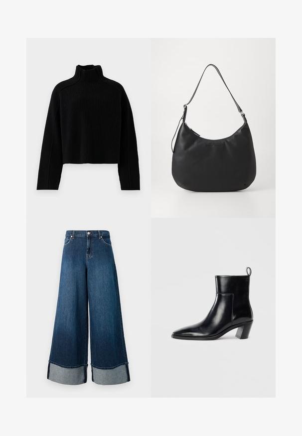 Zwarte ribgebreide trui met een hoge hals en een cropped ontwerp, met lange mouwen en een gestructureerde afwerking.; Wijdvallende denim jeans in donkere was met een vervaagde afwerking. Heeft een onafgewerkte zoom en een lichtere denim omslag. Inclusief zijzakken en knoopsluiting.; Zwarte leren enkelboot met een spitse neus, een geometrische gestapelde hak en een trekband aan de achterkant. Gladde textuur en slank ontwerp.; Zwarte hobo tas gemaakt van glad, duurzaam materiaal. Heeft een enkele verstelbare schouderriem en een subtiele geperste logo op de voorkant.