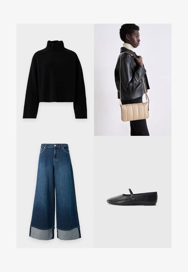 Pull en maille côtelée noire avec un col montant et une coupe courte, doté de manches longues et d'une finition texturée.; Jean en denim à jambes larges dans un lavage foncé avec une finition délavée. Présente un ourlet brut et un revers en denim plus clair. Comprend des poches avant et une fermeture à bouton.; Ballerines noires en cuir avec un bout pointu, une semelle plate et une petite sangle avec un détail de boucle en argent.; Sac en cuir beige en bandoulière avec un design matelassé, de forme rectangulaire, avec une fine sangle et des détails en métal argenté, porté par une personne en veste noire.