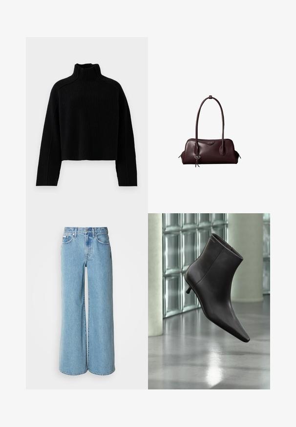 Suéter negro de punto acanalado con cuello alto y diseño corto, que presenta mangas largas y un acabado texturizado.; Jeans de mezclilla de corte ancho en un tono azul claro, con cintura alta, diseño de cinco bolsillos y un ligero desgastado en la tela.; Bota de cuero negro para el tobillo con puntera puntiaguda y tacón pequeño, exhibida frente a una pared de bloques de vidrio y un suelo pulido.; Bolso de mano de cuero marrón oscuro Calvin Klein con asas dobles largas y un pequeño colgante con el logotipo colgando de una de las asas.