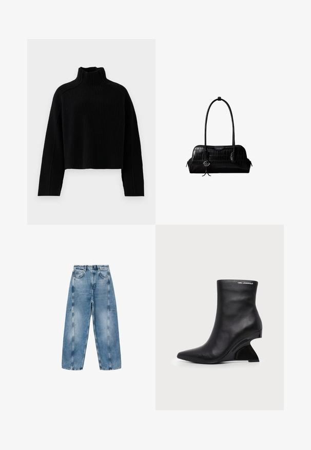 Suéter negro de punto acanalado con cuello alto y diseño corto, que presenta mangas largas y un acabado texturizado.; Los pantalones vaqueros de denim azul claro tienen un ajuste relajado, grandes bolsillos y costuras en contraste. La tela tiene un acabado desgastado con una textura suave.; Botín negro de cuero con tacón curvado y esculpido y logo de Karl Lagerfeld cerca del borde superior sobre un fondo blanco.; Bolso de hombro negro de cuero con textura de cocodrilo, con correas largas y un pequeño colgante de logo plateado en una correa.