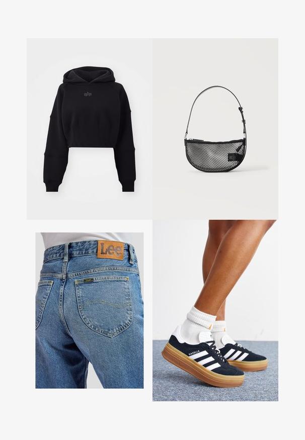 Sudadera negra cortada en tejido suave con cintura de canalé, mangas de gran tamaño y un logo sutil centrado en el pecho.; Jeans de mezclilla azul con bolsillos traseros que presentan costuras amarillas y un parche de cuero marrón de la marca Lee en la cinturilla.; Piernas con calcetines blancos y zapatillas Adidas Gazelle negras con rayas blancas y suelas marrones gruesas sobre un suelo alfombrado gris.; Bolso de malla negra en forma de media luna con una correa corta ajustable de cuero y cierre de cremallera sobre un fondo claro y liso.