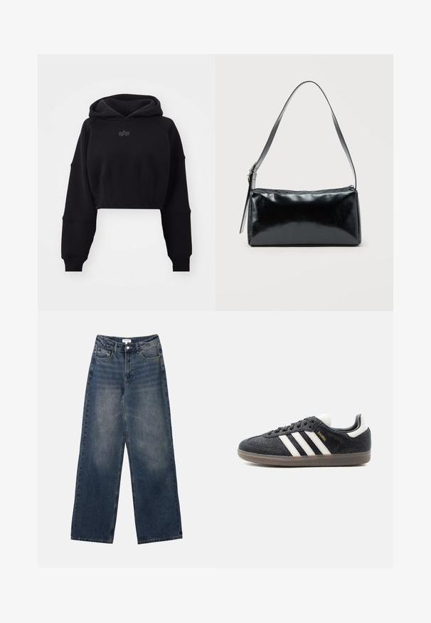 Sudadera negra cortada en tejido suave con cintura de canalé, mangas de gran tamaño y un logo sutil centrado en el pecho.; Vaqueros de hombre de tiro alto en denim azul, con pernera ancha, botón y cremallera frontales, y bolsillos delanteros y traseros.; Zapatilla Adidas Samba negra con franjas blancas, suela de goma y texto dorado "Samba" en el lateral, vista de perfil izquierdo sobre fondo liso.; Bolso de hombro rectangular negro con una correa ajustable y un cierre de cremallera superior sobre un fondo liso.