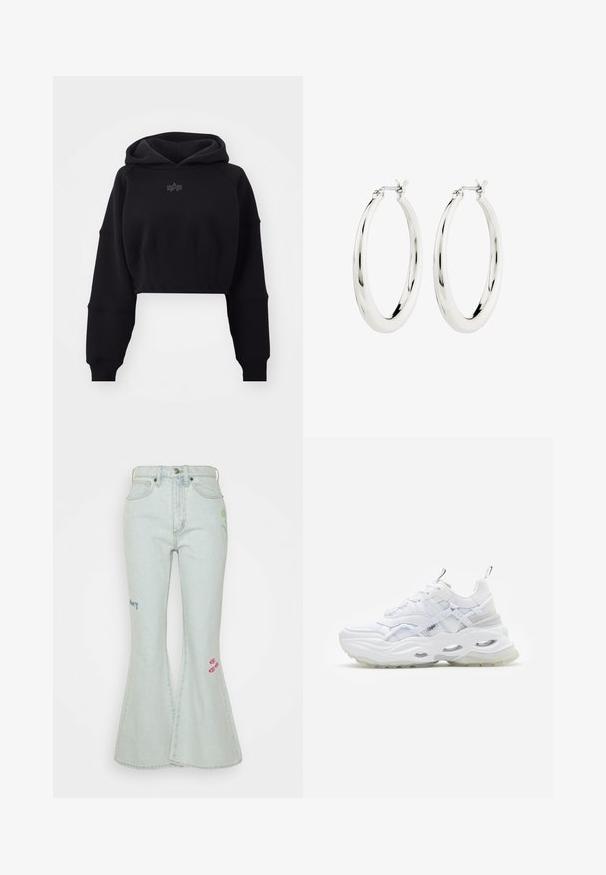 Forkortet sort hættebluse i blødt stof med ribbet talje, oversized ærmer og et diskret logo centreret på brystet.; Obey Clothing RORY - Flared jeans - icy wash; Hvide sneakers med en kraftig sål, lagdelt mesh og syntetisk overdel, med mønstrede detaljer, snøresystem og hæl-dragtag.; Sølvøreringe i form af hoops med en glat, blank finish. Cirkulær form, der har en sikker lås. Simpelt og elegant design.