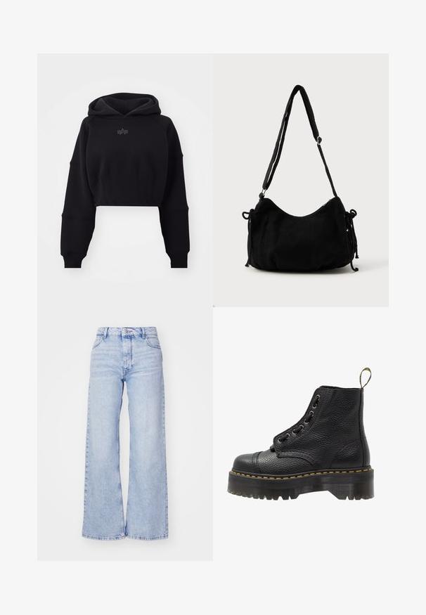 Sudadera negra cortada en tejido suave con cintura de canalé, mangas de gran tamaño y un logo sutil centrado en el pecho.; Roxy MILLA - Pernera ancha - glacier; Botín negro de cuero con superficie texturizada, punta redonda, diseño de cordones, costuras amarillas y una gruesa suela de plataforma negra estriada.; Bolso de hombro de pana negra con forma curva, correa ajustable y cierres de cordón en ambos lados para ajustar el tamaño.