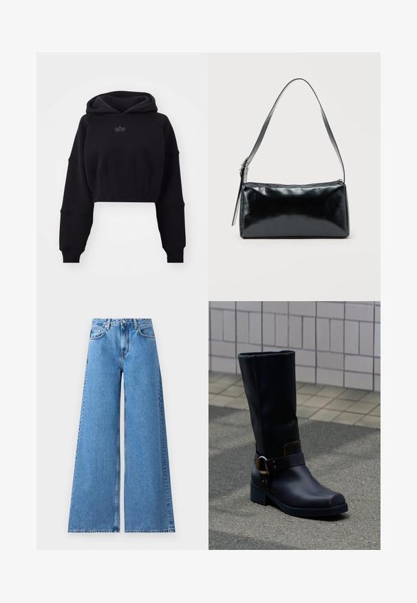 Sudadera negra cortada en tejido suave con cintura de canalé, mangas de gran tamaño y un logo sutil centrado en el pecho.; Jeans de mezclilla azul de pierna ancha con una cintura alta, que presentan un diseño clásico de cinco bolsillos y costuras a lo largo de los lados para un detalle adicional.; Bota de cuero negra a media pantorrilla con tacón bajo y una correa decorativa con hebilla metálica, apoyada sobre una superficie pavimentada gris cerca de una pared alicatada.; Bolso de hombro rectangular negro con una correa ajustable y un cierre de cremallera superior sobre un fondo liso.