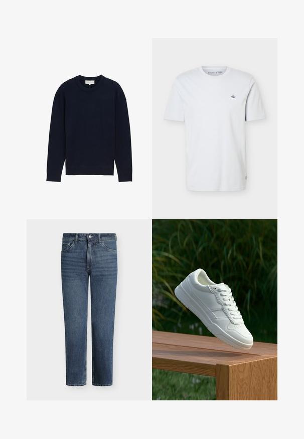 Pull bleu marine à manches longues avec un col rond côtelé et des poignets, présenté sur fond blanc uni.; T-shirt blanc à manches courtes et col rond avec petit logo noir "S&" sur le côté gauche de la poitrine et étiquette de marque discrète en bas à gauche.; Jean en denim bleu à jambe droite avec bouton frontal, fermeture éclair, passants de ceinture et conception à cinq poches.; Baskets en cuir blanc avec une texture lisse, présentant un design perforé, un laçage classique et une semelle en caoutchouc, positionnées au-dessus d'une surface en bois.