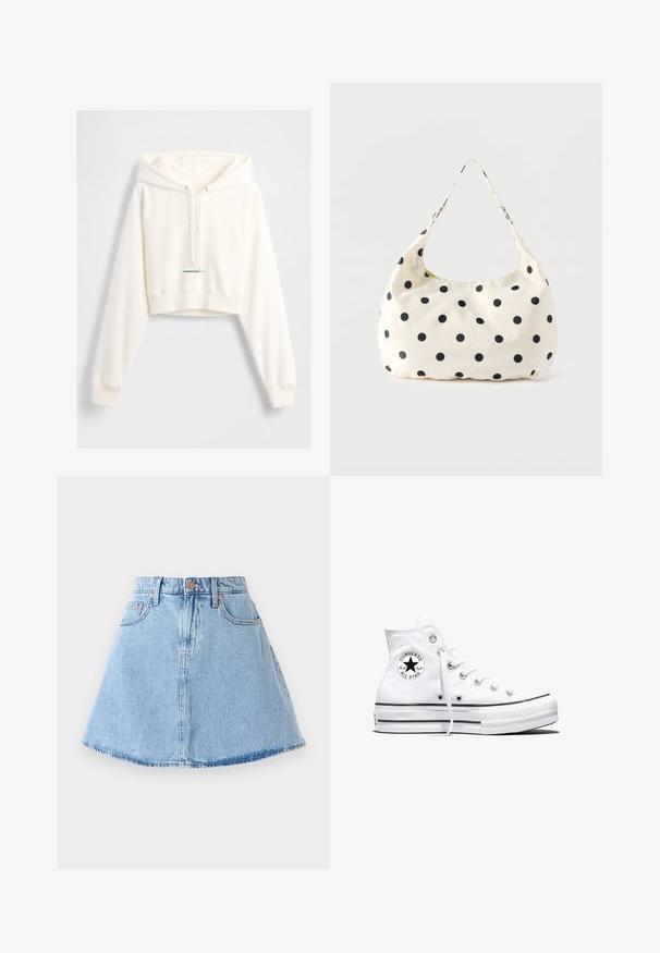 Hvid cropped hættetrøje med snøre i hætten, præget "GAP"-logo, ribstrikkede manchetter og en grøn accenttag ved kanten. Blød, glat tekstur.; Denim A-line nederdel i lyseblå med frynset kant, fem lommer og knaplukning. Har kobberfarvet hardware og diskrete syninger.; Hvid højtop Converse Chuck Taylor All Star-sneaker med sort logo-patch og hvide snørebånd, vist på hvid baggrund.; Håndtaske i cremefarvet stof med sorte polkaprikker og en enkelt skulderrem, vist mod en ensfarvet hvid baggrund.