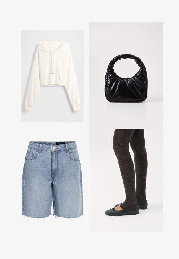 Hvid cropped hættetrøje med snøre i hætten, præget "GAP"-logo, ribstrikkede manchetter og en grøn accenttag ved kanten. Blød, glat tekstur.; Lysblå denimshorts med høj talje, fem lommer, frayed kant og klassisk knaplukning. Fremstillet af blødt, struktureret stof.; Ben iført mørke ribbede leggings kombineret med sorte balletsko med små sløjfedetaljer på hvid baggrund.; Sort polstret håndtaske med et rundt håndtag, der har en glat, skinnende overflade og en blød, kviltet tekstur. Ingen synlige hardware eller accenter.
