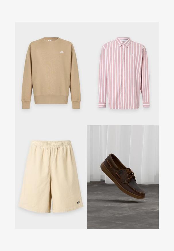 Sudadera Nike en color beige con cuello redondo, mangas largas y un logo blanco en el pecho. La tela parece suave con una textura lisa.; Camisa de botones a rayas en rosa y blanco. Cuenta con cuello, mangas largas y un pequeño logo. Confeccionada con tela tejida.; Pantalones cortos de pana beige con cintura elástica y una etiqueta cosida en la parte inferior derecha. La tela tiene un patrón texturizado y acanalado.; Zapato náutico de cuero marrón con cordones, logo de Timberland en el lateral, flotando sobre un suelo de baldosas grises frente a persianas verticales blancas.