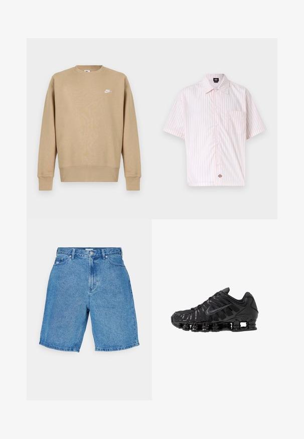 Vaaleanruskea Nike-huppari, jossa on pyöreä kaula-aukko, pitkät hihat ja valkoinen logo rinnassa. Kangas vaikuttaa pehmeältä ja sileältä.; Vaaleanpunaisin pystyraisin koristeltu lyhythihainen nappipaita, jossa etutasku vasemmalla ja kaulus, valkoisella taustalla.; Valkoset farkkushortsit rentoa ultiiväriä, joissa on korkea vyötärö, viisi taskua ja suora leikkaus helmoissa.; Mustat urheilukengät, jotka on valmistettu verkkokankaasta ja synteettisistä materiaaleista. Niissä on erottuva aaltoileva kuvio, musta kumipohja ja heijastavia yksityiskohtia.