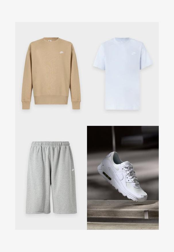 Svetrová mikina Nike v béžovej farbe s okrúhlym výstrihom, dlhými rukávmi a bielym logom na hrudi. Tkanina vyzerá jemne a má hladkú štruktúru.; Svetlomodré bavlnené tričko s krátkymi rukávmi, okrúhlym výstrihom a bielym logom Nike potlačeným na ľavej hrudi. Hladká textúra, jednoduchý dizajn.; Sivé bavlnené kraťasy s elastickým pásom, voľného strihu a malým bielym logom blízko lemu. Hladká textúra, dĺžka nad kolená.; Biele tenisky Nike Air Max 90 s vrchnou časťou z kože a sieťoviny, perforovanou špičkou a viditeľnou vzduchovou jednotkou v päte.