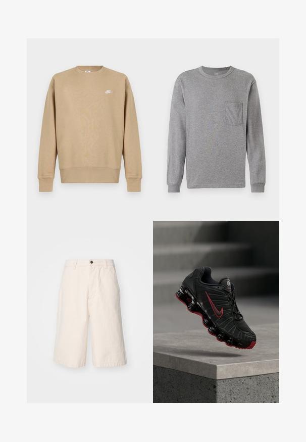 Vaaleanruskea Nike-huppari, jossa on pyöreä kaula-aukko, pitkät hihat ja valkoinen logo rinnassa. Kangas vaikuttaa pehmeältä ja sileältä.; Harmaa pitkähihaisen t-paita pyöreällä kauluksella, jossa on rintatasku ja ribbireunat. Valmistettu pehmeästä, kevyestä puuvillamateriaalista.; Vaaleanbeiget puuvillahousut suoran leikkauksen kanssa, joissa on nappisulku, sivutaskut ja helma, joka ulottuu juuri polven ylle.; Musta ja punainen Nike-urheilukenkä näkyvällä jousimaisella pohjallisella, tasapainottelee betonisen portaan reunalla.