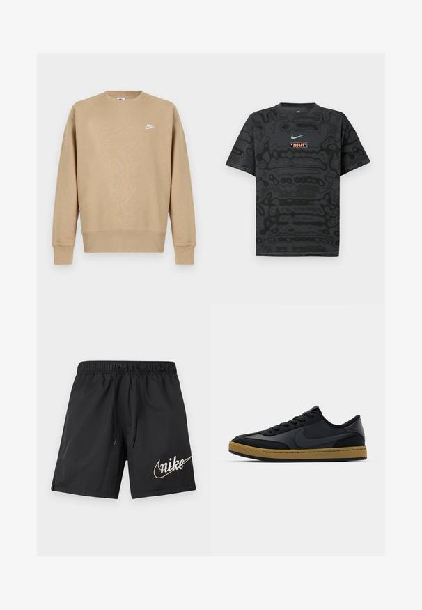 Tan Nike sweatshirt med rund hals, lange ærmer og et hvidt logo på brystet. Stoffet ser blødt ud med en glat tekstur.; Sort T-shirt med et tekstureret mønster, der har en lille Nike-logo i lyseblå og en rektangulær logo-patch i kontrastfarver.; Sorte atletikshorts med elastisk talje og snøre, med en stor beige Nike-logo på det nedre højre ben.; Sorte lædersneakers med lavt design, snørelukning, gummisål og gumfarvede detaljer. Har et sidelogot og strukturerede materialer.