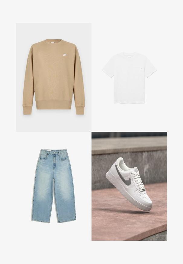 Svetrová mikina Nike v béžovej farbe s okrúhlym výstrihom, dlhými rukávmi a bielym logom na hrudi. Tkanina vyzerá jemne a má hladkú štruktúru.; Biele tričko s krátkym rukávom a okrúhlym výstrihom, s malou náprsní vreckom a nenápadnou štítkovou značkou na okraji vrecka.; Svetlomodré džínsy s vysokým pásom, širokými nohavicami, prednými vreckami, pútkami na opasok a zapínaním na gombík a zips.; Biela teniska Nike Air Force 1 so sivým logom swoosh, ktorá visí nad kamenným povrchom a sivou kamennou stenou v pozadí.
