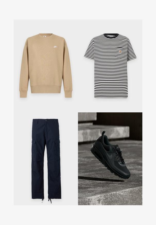 Tan Nike sweatshirt met een ronde hals, lange mouwen en een wit logo op de borst. De stof lijkt zacht met een gladde textuur.; Zwart-wit gestreept T-shirt met een ronde hals, korte mouwen en een borstzakje aan de linkerkant met een logopatch. Zachte katoenen stof.; Marineblauwe cargobroek met knoopsluiting, riemlussen, zijflapzakken en verstelbare trekkoorden bij de enkelzomen.; Zwarte Nike Air Max sneaker zwevend in de lucht boven een getextureerde betonnen ondergrond met betonnen traptreden op de achtergrond.