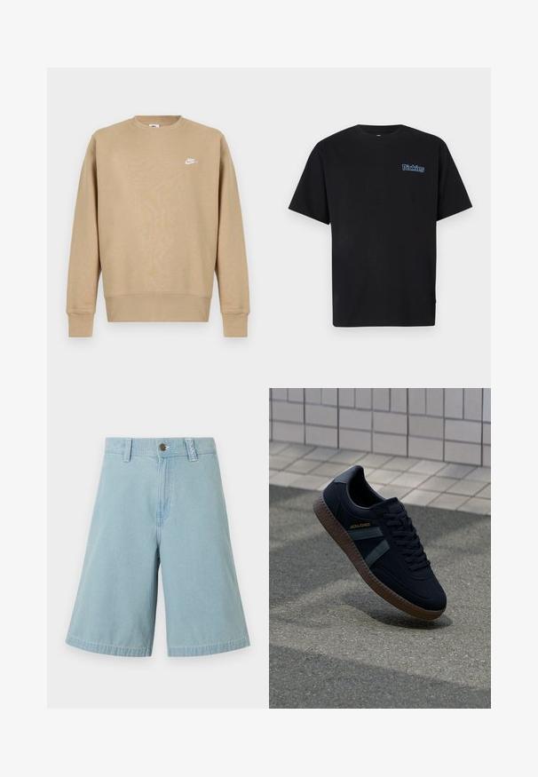 Tan Nike sweatshirt met een ronde hals, lange mouwen en een wit logo op de borst. De stof lijkt zacht met een gladde textuur.; Zwart katoenen T-shirt met korte mouwen en een ronde hals. Voorzien van een blauw geborduurd "Dickies"-logo op de linkerborst.; Lichtblauwe denim knielange shorts met knoop- en ritssluiting, riemlussen en brede pijpen op een effen witte achtergrond.; Zwarte sneaker met een gestructureerd oppervlak, donkergroene strepen en een bruine rubberen zool. Voorzien van veters en merknaam op de zijkant.