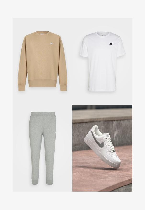 Sudadera Nike en color beige con cuello redondo, mangas largas y un logo blanco en el pecho. La tela parece suave con una textura lisa.; Camiseta de algodón blanca con cuello redondo, mangas cortas y un logo negro de Nike en el lado izquierdo del pecho. Diseño simple en un color sólido.; Pantalones de chándal grises hechos de una tela suave, con un diseño de pierna ajustada, cinturilla elástica y pequeño logo blanco de Nike en el muslo izquierdo.; Zapatilla blanca Nike Air Force 1 con logo swoosh gris flotando sobre una superficie de piedra y un fondo de pared de piedra gris.