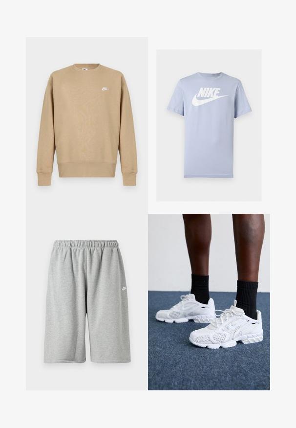 Sudadera Nike en color beige con cuello redondo, mangas largas y un logo blanco en el pecho. La tela parece suave con una textura lisa.; Camiseta de algodón de manga corta color azul claro con logo y símbolo Nike blancos en el pecho, mostrada sobre un fondo liso.; Pantalones cortos de algodón gris con cintura elástica, con un ajuste holgado y un pequeño logotipo blanco cerca del dobladillo. Textura suave, longitud por encima de la rodilla.; Zapatillas deportivas blancas con parte superior de malla, acentos texturizados y suela acolchada. Combinadas con calcetines cortos de canalé negros sobre una superficie de moqueta azul.