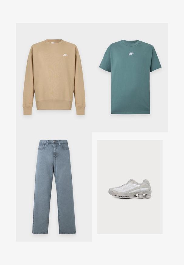 Vaaleanruskea Nike-huppari, jossa on pyöreä kaula-aukko, pitkät hihat ja valkoinen logo rinnassa. Kangas vaikuttaa pehmeältä ja sileältä.; Vihreä lyhythihainen Nike-tekstiilipaita, jossa valkoinen logo rinnassa keskellä, pyöreä kaula-aukko ja rento istuvuus.; Vaaleansiniset farkut suoran lahkeen muotoilulla, viidellä taskulla, metallinappikiinnityksellä ja hieman haalistuneella pinnalla.; Vaaleanharmaa ja valkoinen urheilukenkä, jossa näkyvä jousimainen pehmustus pohjassa ja verkkokankainen päälliosa.