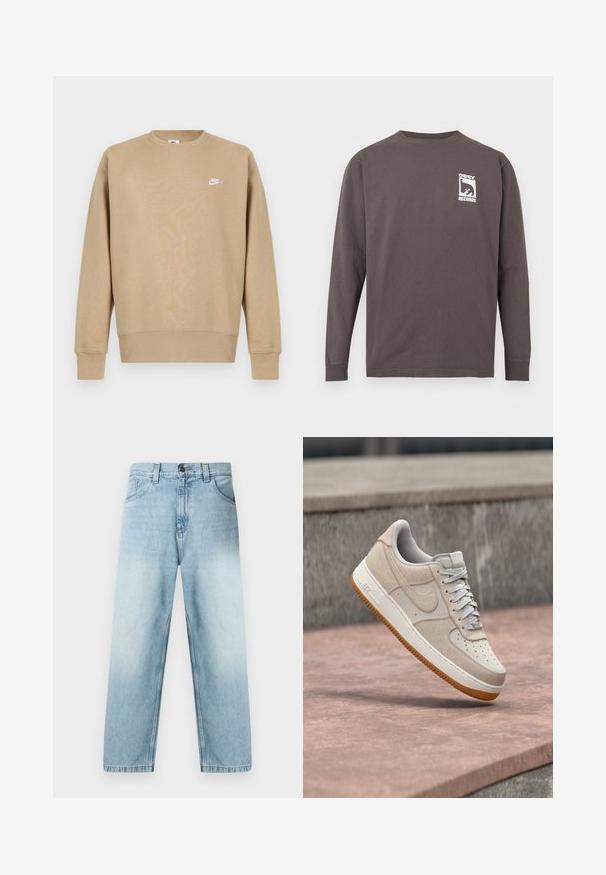 Vaaleanruskea Nike-huppari, jossa on pyöreä kaula-aukko, pitkät hihat ja valkoinen logo rinnassa. Kangas vaikuttaa pehmeältä ja sileältä.; Tummanharmaa pitkähihaisen pyöreäkauluksinen paita, jossa vasemmassa rinnassa valkoinen "OBEY RECORDS" -logo ja tyylitelty kasvokuva.; Vaaleansiniset suorahousuiset farkut, joissa on haalistettu pinta, viisipokainen muotoilu ja näkyvät saumanompeleet. Materiaalina puuvilladenim.; Beige-valkoinen Nike Air Force 1 -tennari kuminauhalla, kelluu vaaleanpunaisen kiven päällä harmaan kiviseinän edessä.