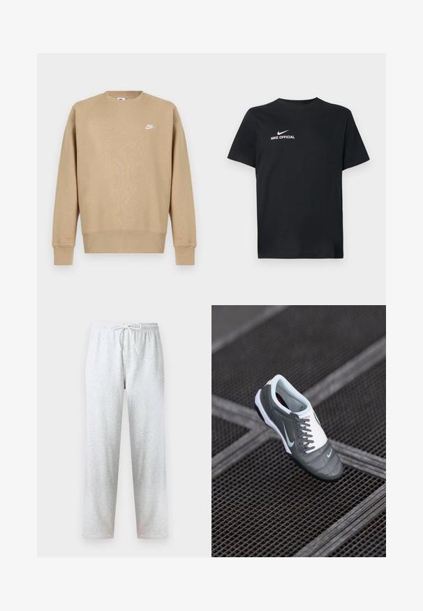 Sudadera Nike en color beige con cuello redondo, mangas largas y un logo blanco en el pecho. La tela parece suave con una textura lisa.; Camiseta de algodón negra con escote redondo. Presenta un logo blanco de Nike y el texto "NIKE OFFICIAL" en el frente. Mangas cortas.; Pantalones deportivos grises hechos de tela suave, con una cintura elástica con cordón y piernas rectas. No se observan patrones ni detalles.; Zapatilla deportiva gris con una parte superior de textura suave, acentos blancos, cordones prominentes y una suela de goma negra, con un pequeño logo en el lado.