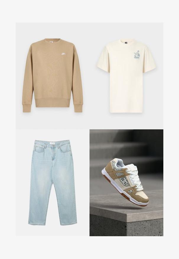 Vaaleanruskea Nike-huppari, jossa on pyöreä kaula-aukko, pitkät hihat ja valkoinen logo rinnassa. Kangas vaikuttaa pehmeältä ja sileältä.; Kermansävyinen puuvillainen lyhythihainen t-paita, jossa on sininen The North Face -kuvamerkki ja teksti "Yosemite, CA" rintakehän kohdalla.; Vaaleansiniset farkut rentoa istuvuutta, viisi taskua, nappikiinnitys ja hienovarainen haalistuminen. Kankaan pinta on sileä ja hieman kulunut.; Beige ja valkoinen lenkkari, jossa on leopardikuvioiset paneelit ja valkoiset nauhat, leijuu betonisen reunuksen yläpuolella sumuisen portaikon taustalla.