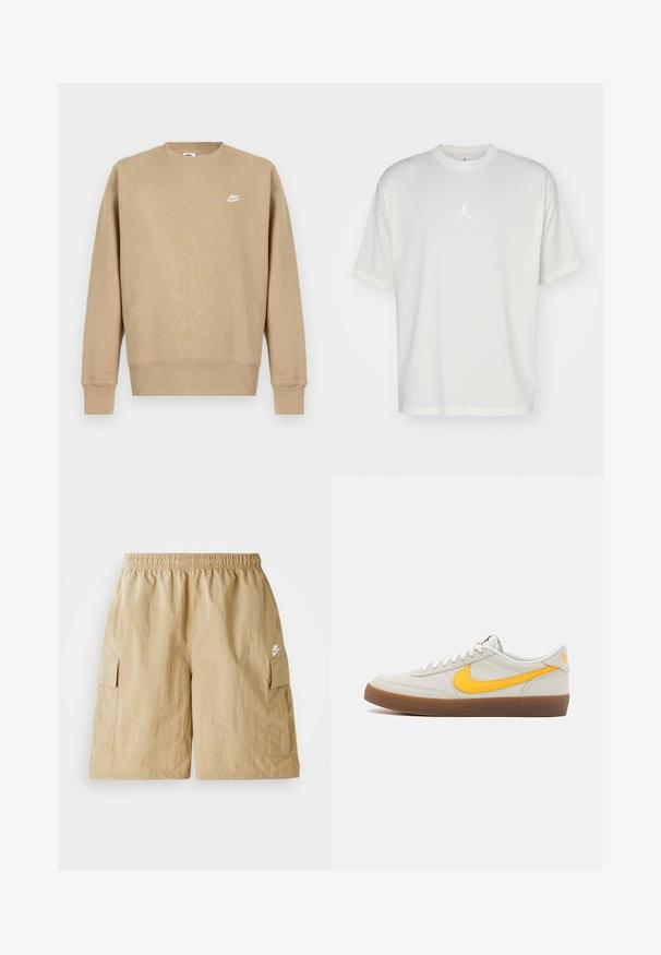 Tan Nike sweatshirt med rund hals, lange ærmer og et hvidt logo på brystet. Stoffet ser blødt ud med en glat tekstur.; Hvid bomulds t-shirt med rund halsudskæring, korte ærmer og et lille broderet logo i midten. Løst fit design med minimal syning.; Beige cargo shorts med elastisk talje, forlommer og et lille hvidt Nike-logo. Letvægtsstof med en krøllet tekstur.; Nike sneakers i lysegrå ruskind med en gul swoosh, hvide snørebånd og en brun gummisål. Har en struktureret finish og polstret krave.