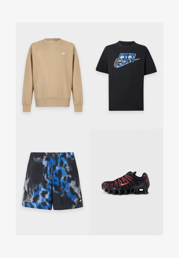 Kreemika värvi Nike'i sviiter, millel on ümar kaelus, pikad varrukad ja valge logo rinnal. Kangas näib olevat pehme ja ühtlase tekstuuriga.; Must lühikeste varrukatega t-särk, millel on rinnal sinise ja valge stiliseeritud tekst "AIR" ning Nike Swooshi logo.; Mustad spordipüksid, millel on sinine ja hall abstraktne muster, elastne vöökoht ning Nike Air logod all vasakul ja paremal küljel.; Mustad spordijalatsid punaste detailidega, millel on tekstureeritud võrgust pealiskate, unikaalse lainelise disaini ja vormitud pehmendusega põhi.
