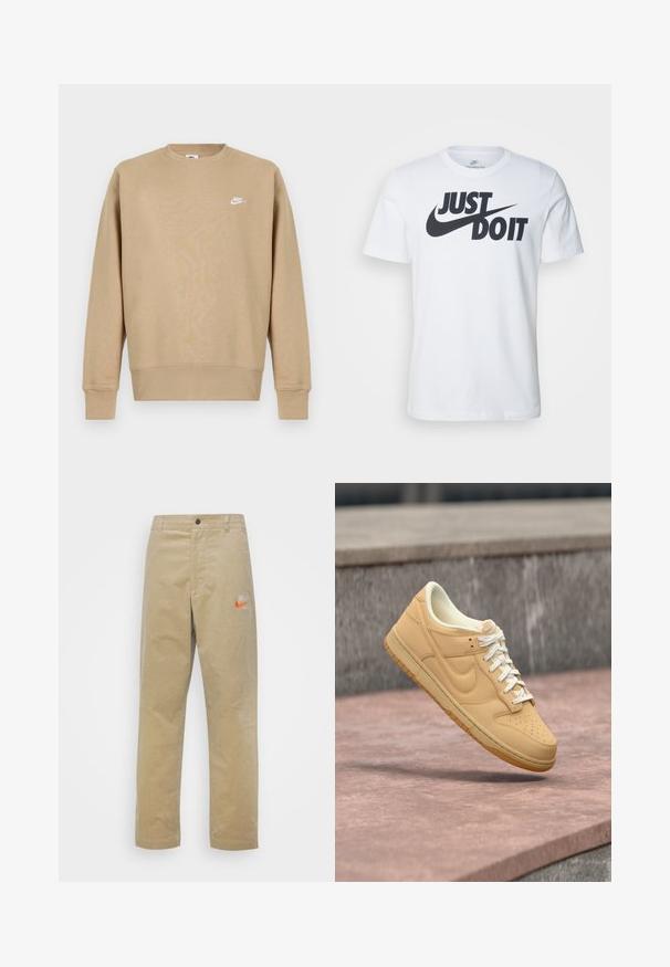 Tan Nike sweatshirt met een ronde hals, lange mouwen en een wit logo op de borst. De stof lijkt zacht met een gladde textuur.; Witte katoenen t-shirt met een opvallend zwart "Just Do It" logo en de Nike swoosh. Klassiek crew neck ontwerp met korte mouwen.; Nike Sportswear TREND PANT - Broek - khaki/team orange/khaki; Beige Nike lage sneaker met witte veters en een gumzool die zweeft boven een stenen oppervlak en een betonnen achtergrond.