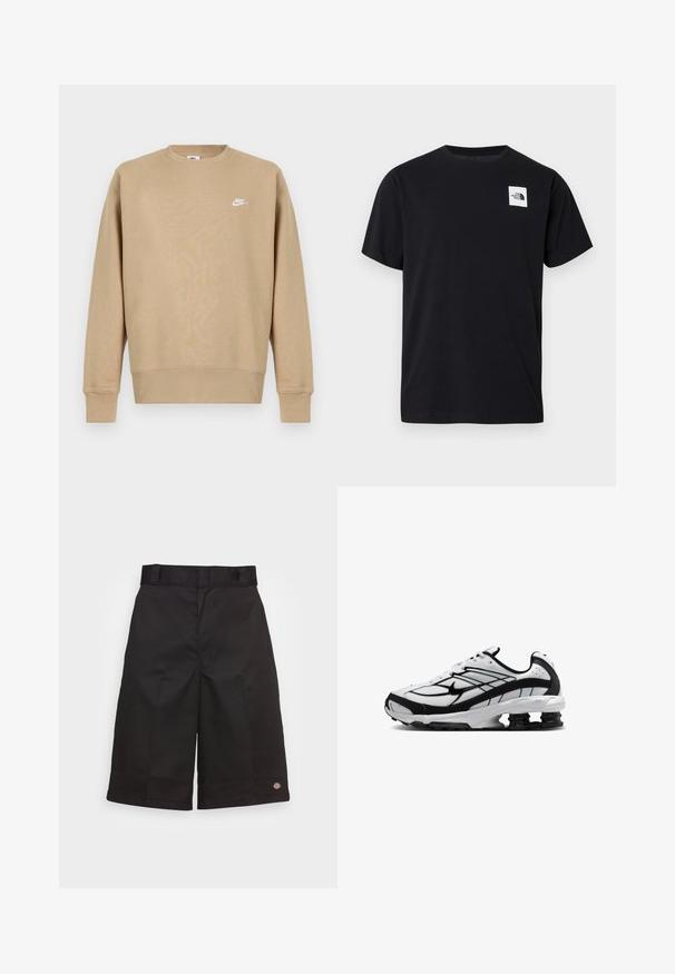 Beige Nike Sweatshirt mit Rundhalsausschnitt, langen Ärmeln und einem weißen Logo auf der Brust. Der Stoff wirkt weich mit einer glatten Textur.; Schwarzes Baumwoll-T-Shirt mit Rundhalsausschnitt, kurzen Ärmeln und einem weißen quadratischen Logo auf der linken Brust mit Bergmotiv.; Schwarze Baumwollshorts mit geradem Schnitt, knielang, mit sichtbar eingesticktem Markenzeichen am Saum und einer glatten Textur.; Weißer und schwarzer Sportschuh mit Mesh-Obermaterial, Nike-Logo und zweifacher federartiger Dämpfung im Fersenbereich der Sohle.