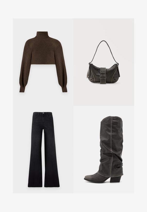 Pull en maille à col roulé marron, avec une texture côtelée et des manches volumineuses, fabriqué dans un matériau doux et chaud.; Jean noir à jambes larges en denim, avec une taille haute, des poches avant, et une finition lisse et texturée avec une décoloration minimale.; Bottines en cuir gris hauteur mollet avec un design décontracté, bout pointu et talon empilé. Détails de couture remarquables sur la zone des orteils.; Sac à épaule en cuir noir avec une sangle à boucle, des bords arrondis et des coutures blanches contrastées sur un fond uni.