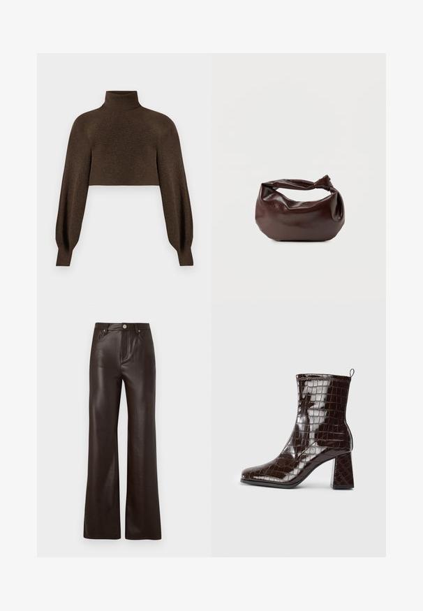 Suéter corto de color marrón con cuello alto, que presenta una textura acanalada y mangas voluminosas, hecho de un material suave y cálido.; Vero Moda Wide-leg VMTESSA High rise - Pantalones - chocolate torte; Botín de tobillo de charol marrón oscuro con textura de cocodrilo, tacón cuadrado y asa en la parte posterior, sobre fondo blanco.; Bolso de hombro de cuero marrón oscuro con una forma suave y caída, y un asa con nudo torcido sobre un fondo blanco liso.