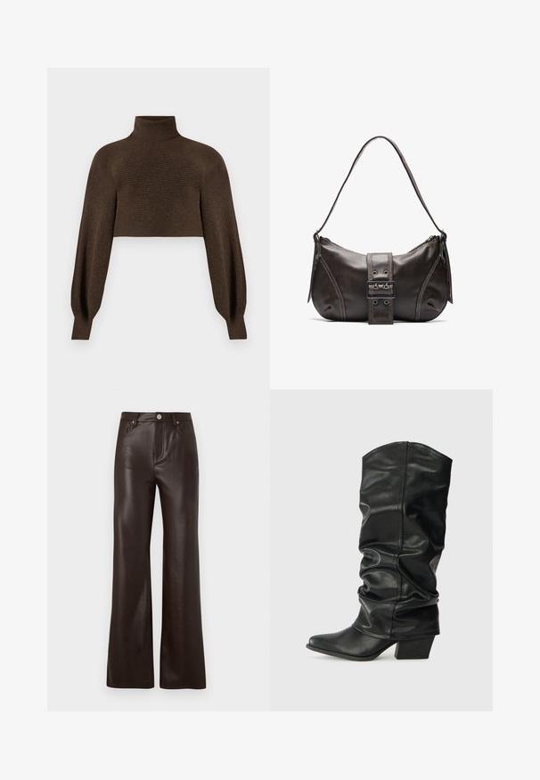 Suéter corto de color marrón con cuello alto, que presenta una textura acanalada y mangas voluminosas, hecho de un material suave y cálido.; Vero Moda Wide-leg VMTESSA High rise - Pantalones - chocolate torte; Botas de cuero negro hasta la rodilla con un diseño arrugado, punta afilada y un tacón grueso, con una textura suave y una costura mínima.; Bolso de hombro de cuero marrón con forma curva, que presenta un prominente detalle de hebilla, costuras en contraste y una sola correa para el hombro.