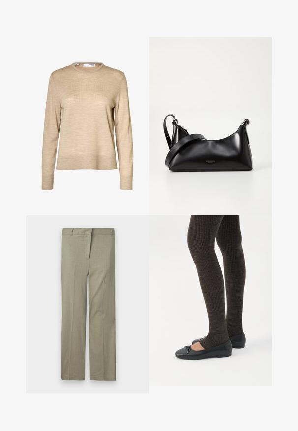 Beige langærmet uldsweater med rund hals og ribstrikkede manchetter og kant, vist mod en hvid baggrund.; Lys olivengrønne bukser, skræddersyet pasform, med flad front, to sidelommer og et glat, struktureret stof. Ingen synlige mønstre eller accenter.; Ben iført mørke ribbede leggings kombineret med sorte balletsko med små sløjfedetaljer på hvid baggrund.; Sort læderhåndtaske med en glat tekstur. Har en justerbar stropp og et enkelt, minimalistisk design med lynlås.
