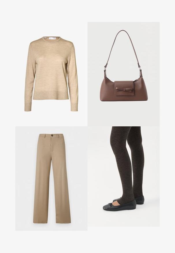Beige langærmet uldsweater med rund hals og ribstrikkede manchetter og kant, vist mod en hvid baggrund.; Beige bukser med høj talje, vide ben, bæltestropper og enkelt knaplukning i taljen.; Ben iført mørke ribbede leggings kombineret med sorte balletsko med små sløjfedetaljer på hvid baggrund.; Brun skuldertaske i læder med en frontlomme med klap, der har en sydd sløjfedetalje, og en justerbar rem.
