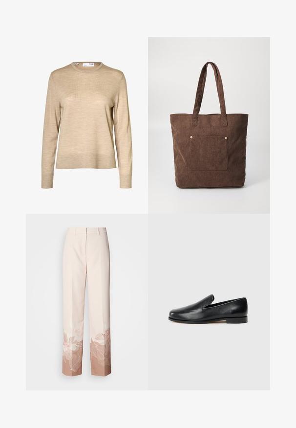 Pull en laine beige à manches longues avec col rond et poignets et ourlet côtelés, présenté sur fond blanc.; Pantalon à jambes larges rose clair avec imprimé floral aux tons pêche à l'ourlet. Confectionné en tissu lisse avec une coupe ajustée et sans éléments métalliques visibles.; Mocassins en cuir noir avec une texture lisse, bout rond, coutures minimales et talon plat. Simple, sans quincaillerie ou accents visibles.; Sac fourre-tout en velours côtelé marron avec deux poignées, une poche avant et des accents en matériel doré. Une forme rectangulaire simple avec un tissu texturé.