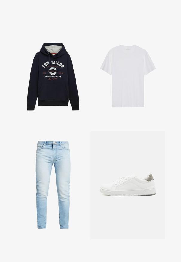 Sweat à capuche bleu marine en mélange de coton, avec une doublure de capuche grise, une poche frontale et un texte graphique blanc/rouge sur la poitrine. Poignets et ourlet côtelés.; T-shirt en coton blanc à manches courtes, col rond et texture lisse. Présente un branding minimal au niveau du col.; Jean en denim bleu clair avec une coupe slim, taille haute et décoloration subtile, fermeture par bouton et design à cinq poches.; Basket blanche en cuir lisse, à bout arrondi, design minimaliste, accent de talon gris et semelle en caoutchouc texturé.