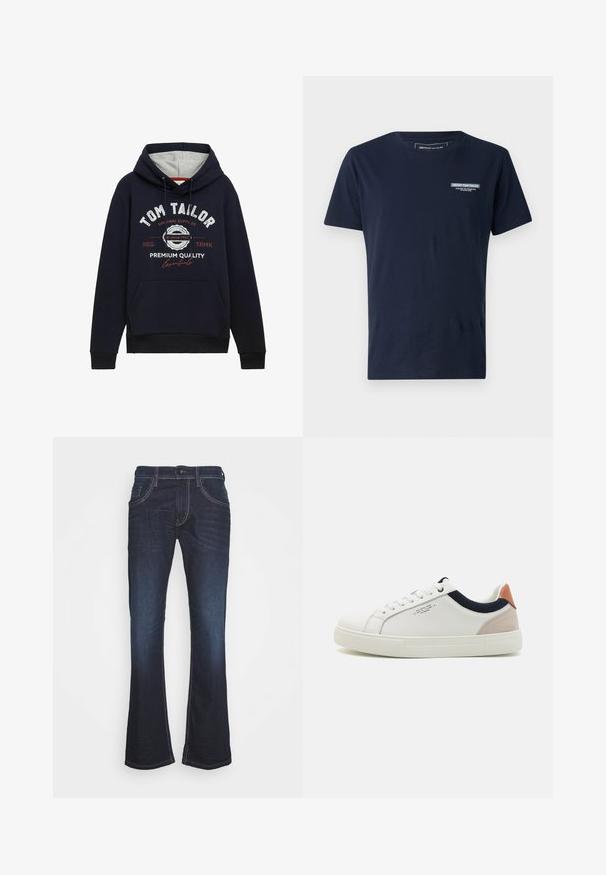 Mørkeblå hættetrøje i bomuldsblanding med grå hætteforing, frontlomme og hvid/ rød grafisk tekst på brystet. Ribkantede manchetter og kant.; Mørkeblå bomulds t-shirt med rund hals, kortærmede og et lille broderet logo på brystet. Klassisk pasform og glat tekstur.; Mørkeblå denim jeans med en bred ben-design, prydet med kontrasterende hvid syning, en knaplukning og fem-lomme stil.; Hvide lædersneakers med low-top design, marineblå stofdetalje på kraven og en lys lyserød suede hælflap. Gummisål.