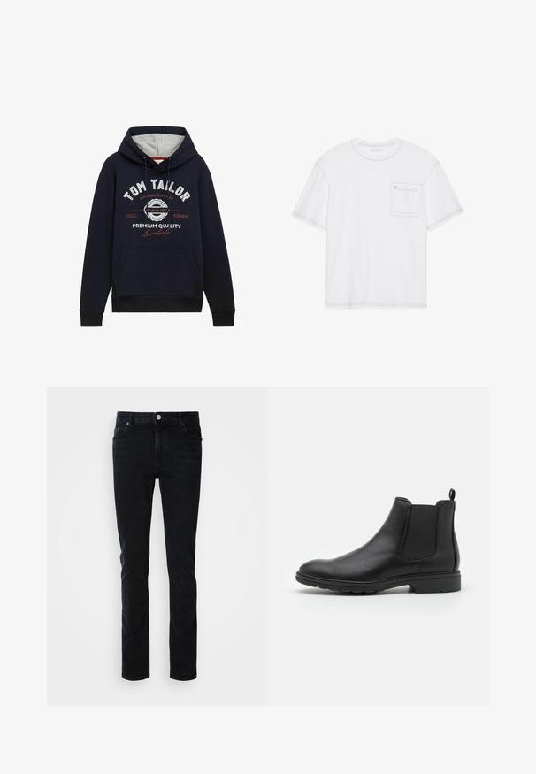 Mørkeblå hættetrøje i bomuldsblanding med grå hætteforing, frontlomme og hvid/ rød grafisk tekst på brystet. Ribkantede manchetter og kant.; Hvid bomulds T-shirt med korte ærmer, rund hals og brystlomme. Har kontrasterende syninger langs kanterne.; Sort denimjeans i slim fit, med en frontlomme, bæltestropper og knaplukning. Glat tekstur, minimalistisk design.; Sort læder Chelsea-boot med elastiske sidepaneler og en løftestrop, der har en rund tå og en tekstureret gummisål.
