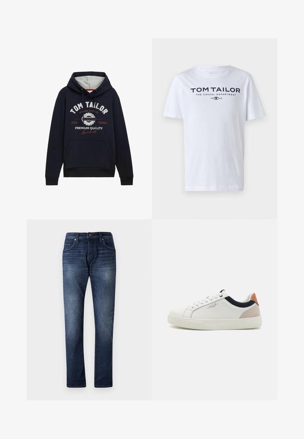 Mørkeblå hættetrøje i bomuldsblanding med grå hætteforing, frontlomme og hvid/ rød grafisk tekst på brystet. Ribkantede manchetter og kant.; Hvid bomulds t-shirt med rund hals, korte ærmer og navy tekst, der læser "TOM TAILOR THE CASUAL DEPARTMENT 1962."; Mørkeblå denimjeans med lige ben design, der har en falmet vask, fem lommer og synlige stikninger langs sømmene.; Hvide lædersneakers med low-top design, marineblå stofdetalje på kraven og en lys lyserød suede hælflap. Gummisål.