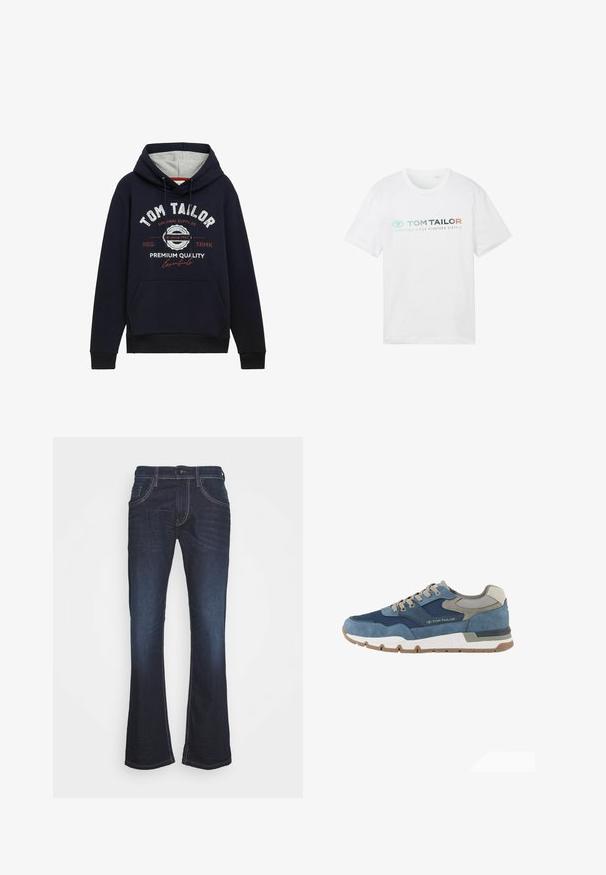 Mørkeblå hættetrøje i bomuldsblanding med grå hætteforing, frontlomme og hvid/ rød grafisk tekst på brystet. Ribkantede manchetter og kant.; Hvid bomulds t-shirt med rund hals, korte ærmer og fronttryk: "TOM TAILOR" med "ESSENTIALS SINCE NINETEEN SIXTY-2."; Mørkeblå denim jeans med en bred ben-design, prydet med kontrasterende hvid syning, en knaplukning og fem-lomme stil.; TOM TAILOR LICENCE SNEAKER MIT -BLOCKING - Sneakers - navy
